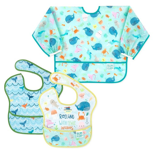 Bumkins - SuperBibs + Sleeved Bib - For Boys & Girls, Babies & Toddlers 6-24 Months - Lightweight, Durable, Waterproof - Catch-All Pocket -Wipeable & Machine Wash -Ocean Life & Whale Tail Blue -3 Pack