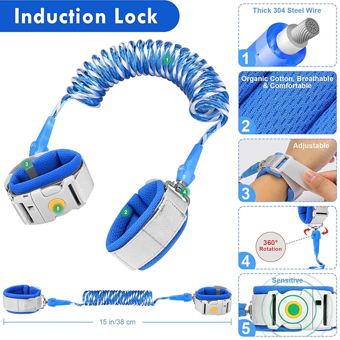 Accmor Anti Lost Wrist Link with Induction Lock, Upgraded Toddler Leash, Reflective Kids Wrist Leash for Baby, Child Walking Wristband Leashes with Magnetic Unlock Design for Boys, Dark Blue (6.5ft)