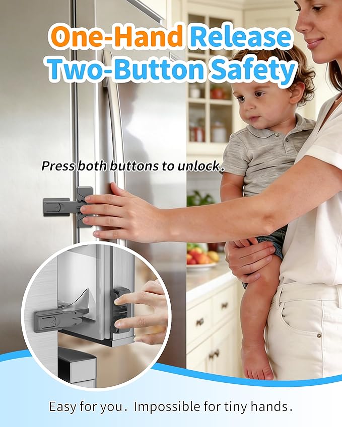 Yunkey Child Safety Fridge Lock — Auto-Lock Design, One-Hand Open & Self-Locking Close — Helps Keep Toddlers & Pets Out — 3M Strong Hold & Clean Removal | Gray, 1-Pack