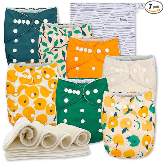 Nora's Nursery Cloth Diapers 7 Pack with 7 Inserts & 1 Wet Bag - Waterproof Cover, Washable, Reusable & One Size Adjustable Pocket Diapers for Newborns and Toddlers - PearFect