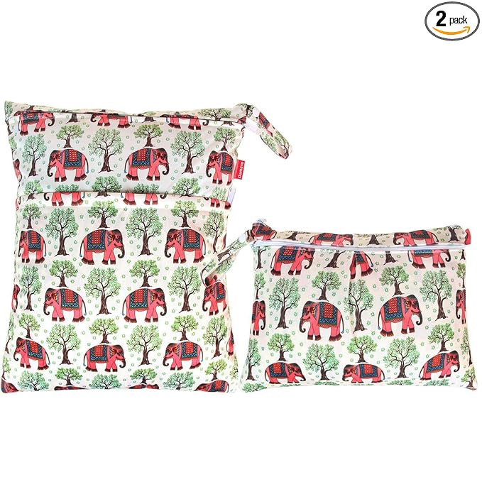 Damero 2pcs Travel Wet and Dry Bag, Reusable Wet Bags Organizer with Two Zippered Pocket for Cloth Diaper, Pumping Parts, Swimsuit and Gym, Elephants