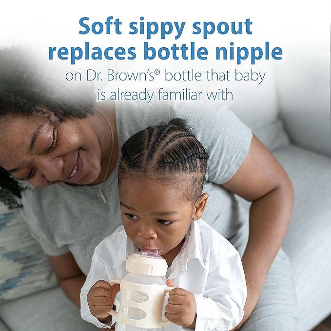 Dr. Brown's Milestones 9oz Wide-Neck Sippy Spout Bottle 2-Pack with Silicone Handles, Soft Sippy Spout, Light Blue & Gray and Light Pink & Ecru, 6m+