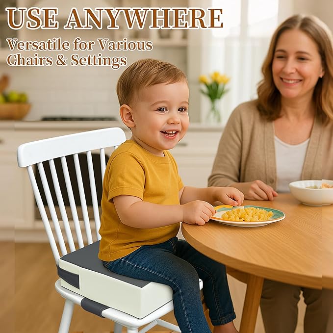 Toddler Booster Seat for Dining Table – PU Washable Cushion with Double Safe Straps, Non-Slip Bottom, Portable Travel Booster Seat for Toddlers (Dark Grey