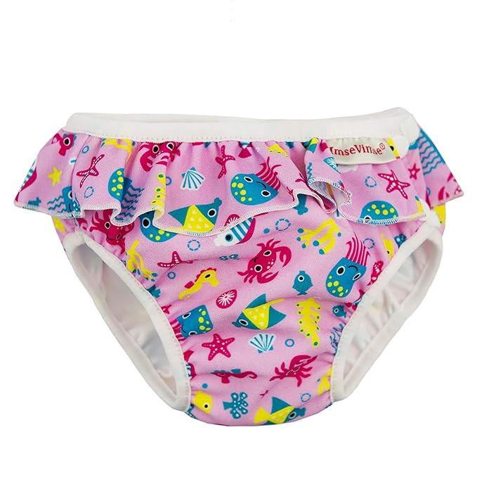 Imse Vimse Reusable Swim Diaper for Baby and Toddler Girls with Ruffle and Snaps (Pink Sea Life, L 20-26 lbs)