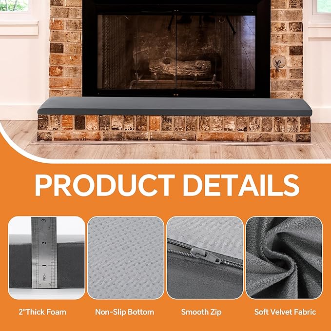 ROYALAY Fireplace Cushions for Hearth Sitting, 2" Thick Fireplace Cover Kid Proof with Anti-Slip Backing, 72"x 16" Hearth Cushion with Removable Cover