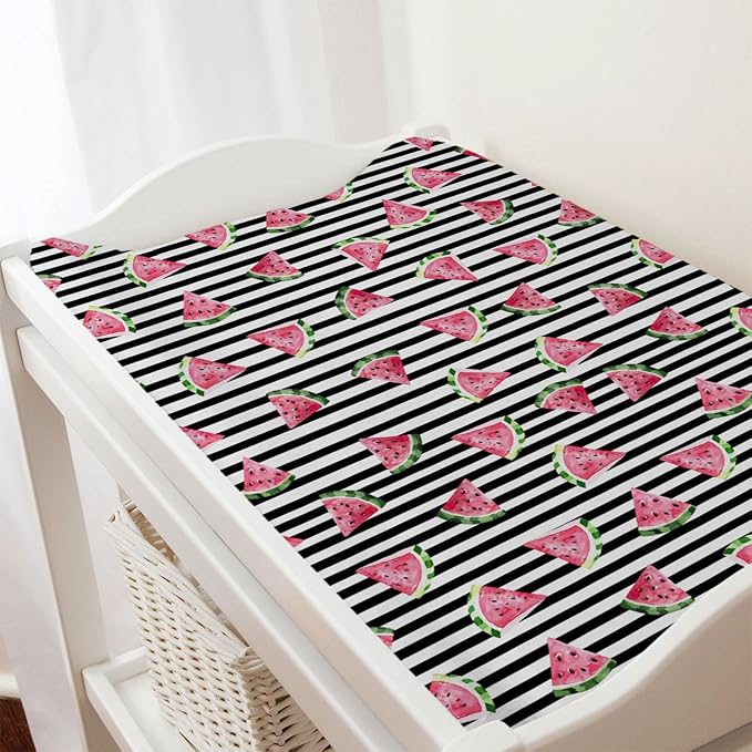 Watercolor Watermelon Stripes Changing Pad Covers Watermelon Fruits Diaper Changing Table Cover Sheets for Boy Girl Boho Summer Fruits Soft Breathable Stretch Fitted Baby Changing Table Mats 32''x16''