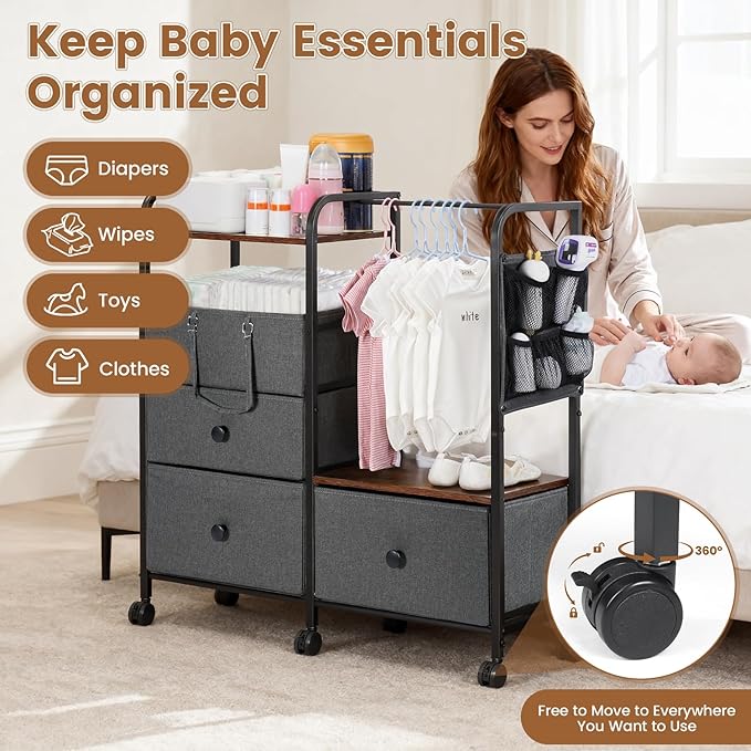 Orzbow Baby Diaper Caddy Cart Organizer and Storage | 4 Tier Baby Rolling Cart with Dividers and Drawers, Metal Rolling Utility Cart for Nursery, Bedroom, Changing Table & Crib, Easy to Assemble, Grey