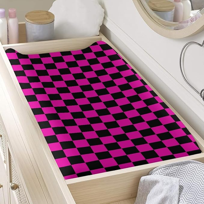 Deep Pink and Black Checkered Changing Pad Cover for Baby Girls Boys Cartoon Breathable Diaper Change Table Sheet Soft Stretchy Cute Change Table Mat Cover Fit 32x16