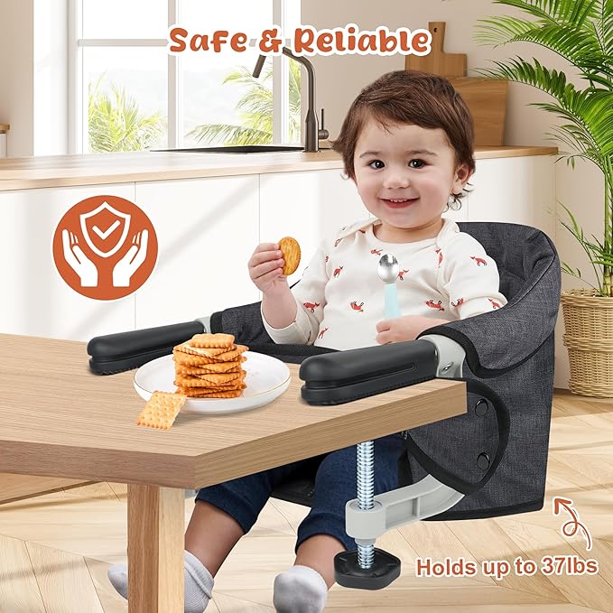 Hook On High Chair, Portable Foldable Clip On Baby Travel High Chair, Lightweight Feeding Seat with Storage Bag, BPA-Free Safety Harness for Home Restaurant (Black)