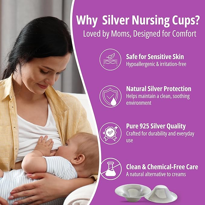 M7G Silver Nursing Cups for Breastfeeding Mothers | Natural Silver Nipple Shields | Reusable Nipple Protector for Sore Nipples | Breastfeeding Essentials | Nickel Free | 925 Silver