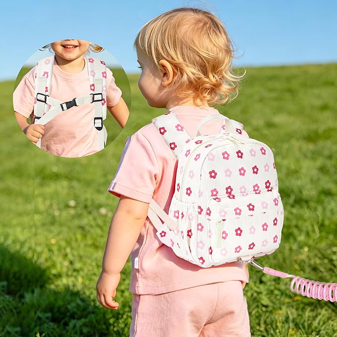 Corduroy Toddler Backpack with Detachable Leash and Anti-Lost Wrist Link, Safety Harness Walking Backpack for Toddler Boys Girls 1-3, Cute Floral Travel Backpack with Leash for Kids