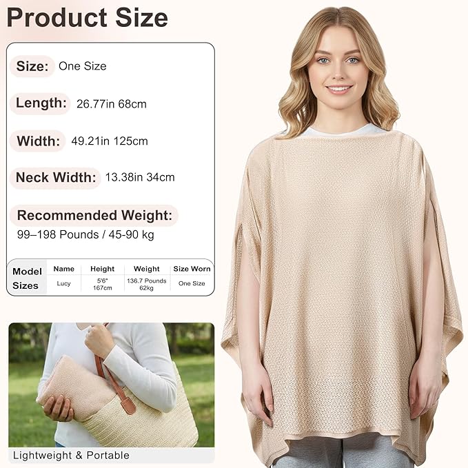 Knit Nursing Cover Up for Breastfeeding, Soft & Cozy Breastfeeding Poncho with Dual Side Slits, 360° Full Privacy Nursing Shawl with Laundry Bag, Beige