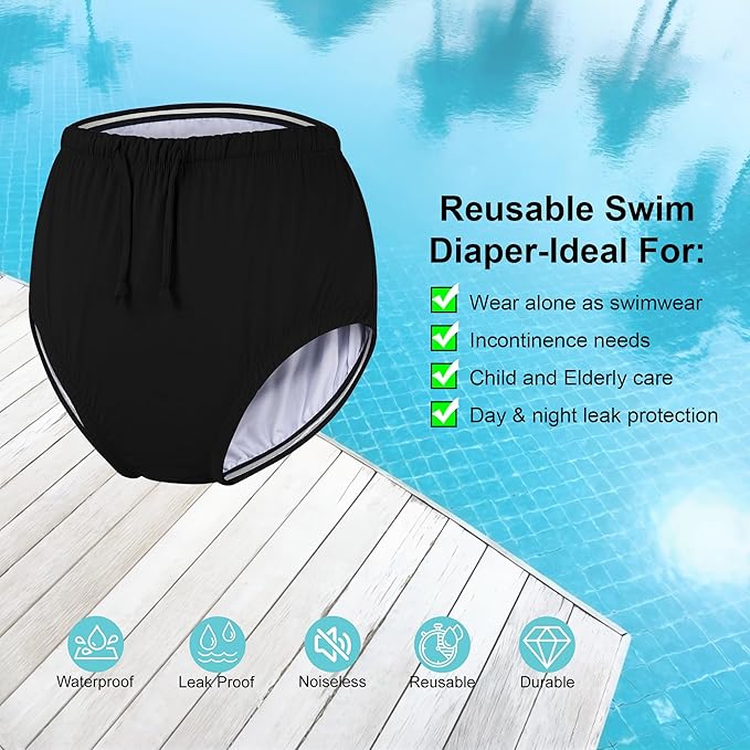 Special Needs Reusable Swim Diaper – Waterproof & Leakproof Incontinence Swimwear for Toddler, Youth & Adult, Unisex Cloth Diaper Cover (Black, L)
