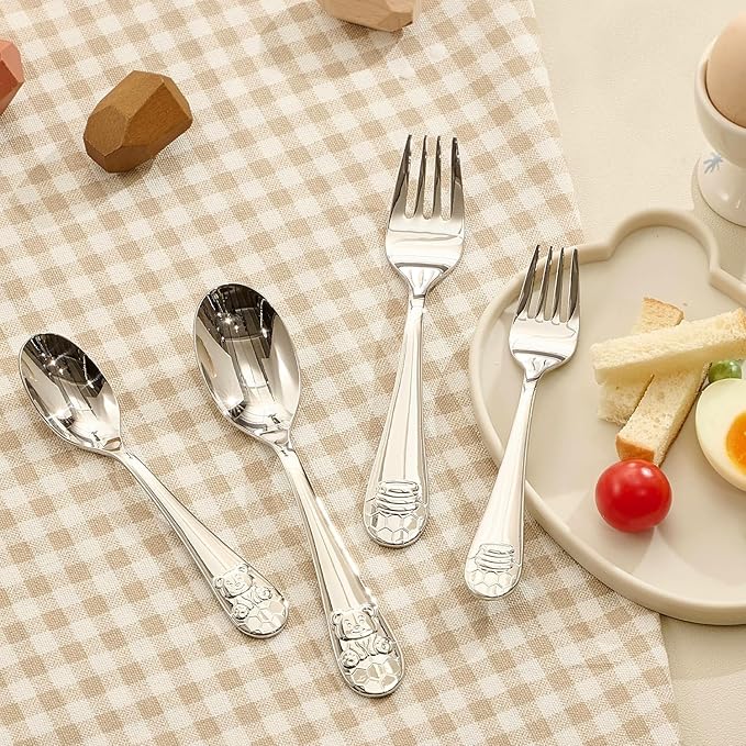 KINGSTONE Kids Silverware Set, 6-Piece Large Forks & Spoons, 18/10 Stainless Steel, Ergonomic Flatware for Self-Feeding Children, Home & Travel, Honey Bear Print