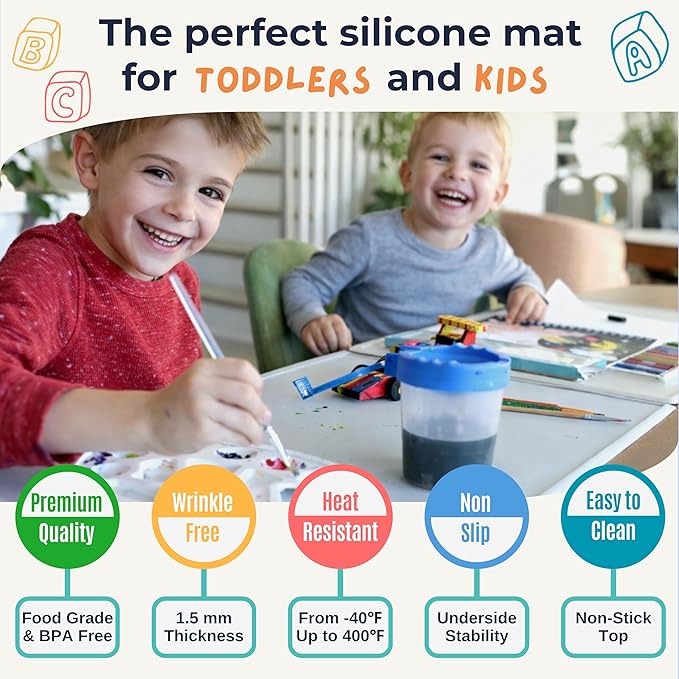 Silicone Craft Mat for Painting, PlayDoh and Art Projects with Angle-Protective Safety Edge – Toddlers & Kids Placemat – Non-Slip & BPA-Free Food Mat – 1.5mm Thick, 24"x16", Cloud Gray