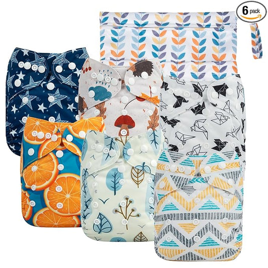 babygoal Cloth Diaper Covers 6 Pack with Wet Bag for Fitted Diapers and Prefolds with Double Gussets, Adjustable and Reusable for Baby Boys