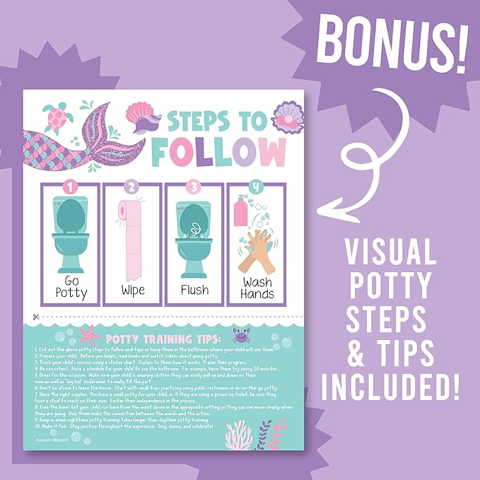 Hadley Designs Potty Training Chart for Toddlers Girls -10 Sticker Potty Chart for Toddlers Girls, 8.5x11" Potty Training Sticker Charts for Toilet Success, Mermaid Toddler Reward Chart for Kids