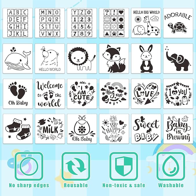 SytuHe 95 Pcs DIY Baby Bibs Decorating Kit50 White Bibs 24 Stencils 20 Fabric Markers 1 Baby Shower Game Sign