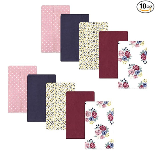 Hudson Baby Unisex Baby Cotton Flannel Burp Cloths, Blush Navy Floral 10-Pack, One Size