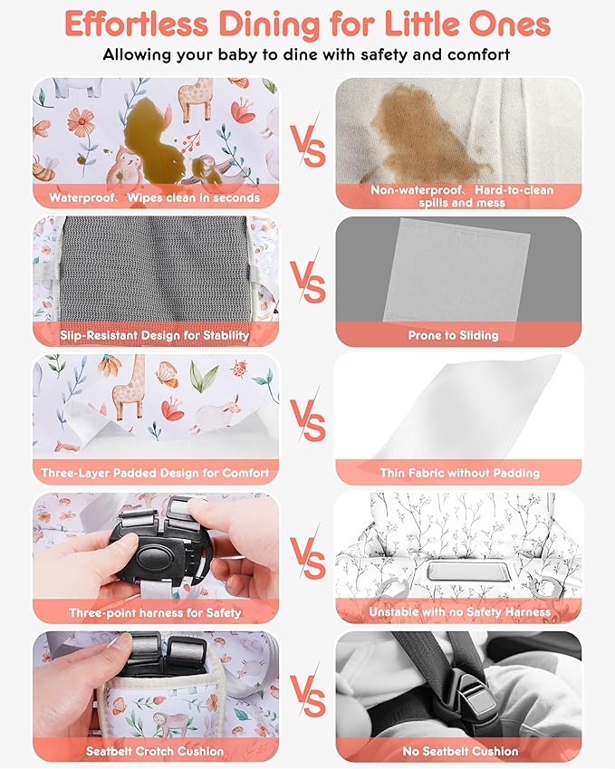 High Chair Cover Portable with 3-Point Harness, Waterproof Baby Seat Cover for Restaurant Travel Home Use, Machine Washable, Fits Wooden Chairs (Yellow Animal)