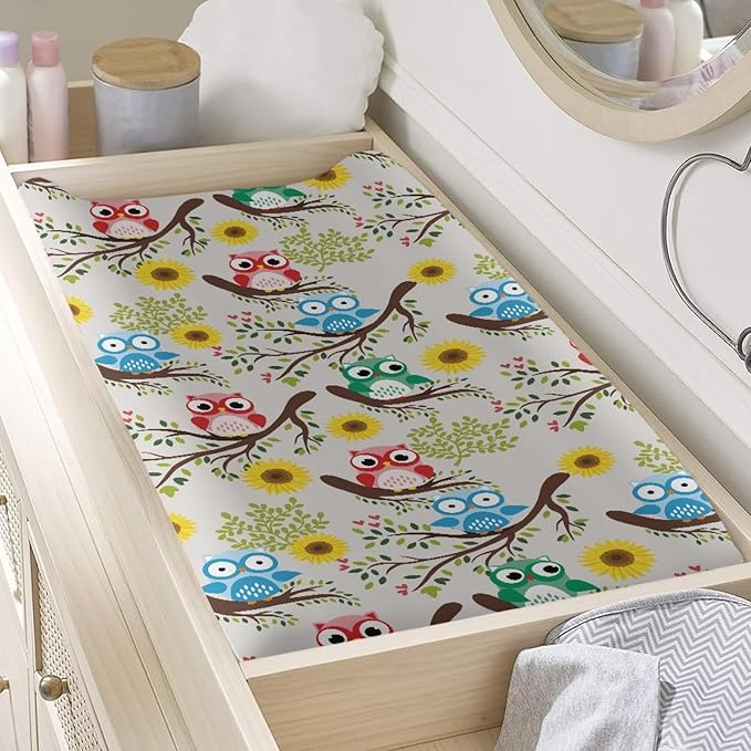 GOSTONG Girls Boys Changing Pad Cvoer with Owl Flower Pattern Elastic Soft Changing Mat Sheets Fits 32"x16" Diaper Changing Table, Lightweight & Machine Washable