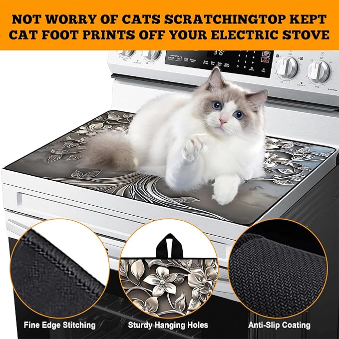 Multi-Design Stove Top Cover for Glass/Electric Stoves - 3-in-1 Heat-Resistant Protector Mat, Non-Slip Drying Rack 30"x21" (Silver-Tree)