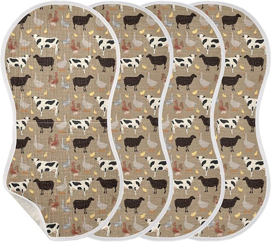 Muslin Burp Cloths for Baby Boys and Girls - 4-Pack Ultra Absorbent Farm Animals Muslin Washcloths, Newborn Towel, Milk Spit Up Rags, Burp Cloth Bib for Unisex, 22 x 11 Inch