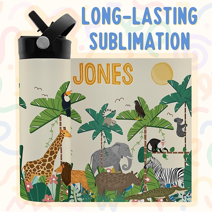 Personalized Kids Water Bottle with Straw Lid - 20 oz - 11 Wraparound Designs, Custom Water Bottle for Children, Back to School Gifts - BPA FREE, Double-Wall Insulated, Birthday Gifts - Zoo