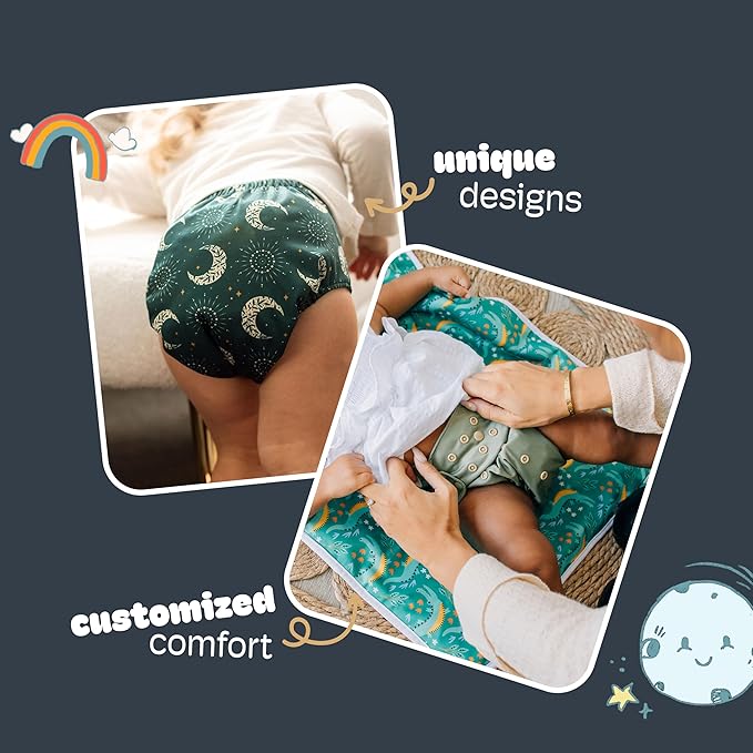 Kinder Cloth Diapers Reusable Baby Diapers Pocket Style Athletic Wicking Jersey, Wet Bag, Newborn to Potty Training 7-60lbs, One Size, Inserts NOT Included (Starlight, 3 Pack, Without Inserts)