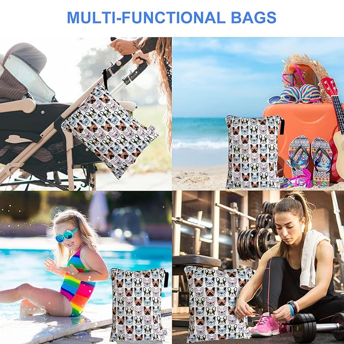 FLOCK THREE Washable and Reusable Wet Bag Diaper Bag Water Resistant Swimming Bag Travel Toiletries Pouch Pugs Dog Print Zippered 12.6'' x 16.5''