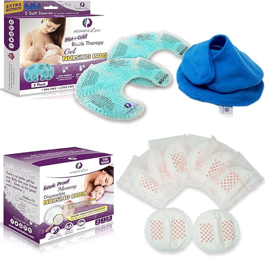 Nursing Mom Basic Kit - Gel Nursing Pads for Hot and Cold Breast Therapy + Disposable Ultra Thin Extra Absorbent Nursing Pads with Daytime and Overnight Protection (100 Count)