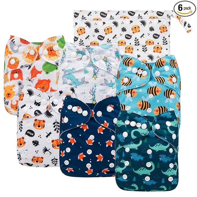 babygoal Cloth Diaper Covers 6 Pack+Wet Bag for Fitted Diapers and Prefolds with Double Gussets, Adjustable and Reusable for Baby Boys