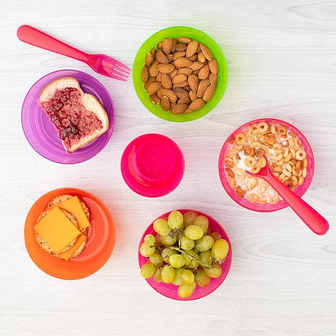 Kids Plastic Dinnerware Set of 36 Multi Color Pieces (Plates, Bowls, Cups and Flatware) - Reusable, BPA-Free, Dishwasher Safe and Microwaveable