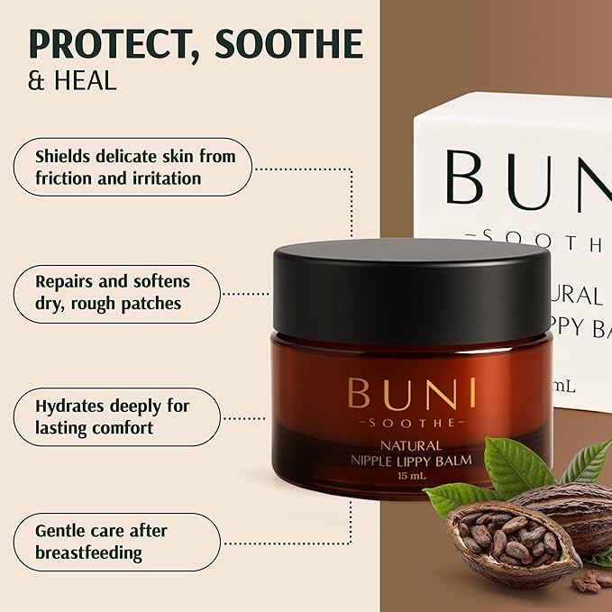 BUNI Premium Nipple & Lip Balm - Natural Lanolin-Free Cream Safe for Breastfeeding & Postpartum Care. Multi-Use Moisturizer for Dry, Cracked & Sore Skin. No Wipe Off, Unscented, Hypoallergenic, 0.5 oz