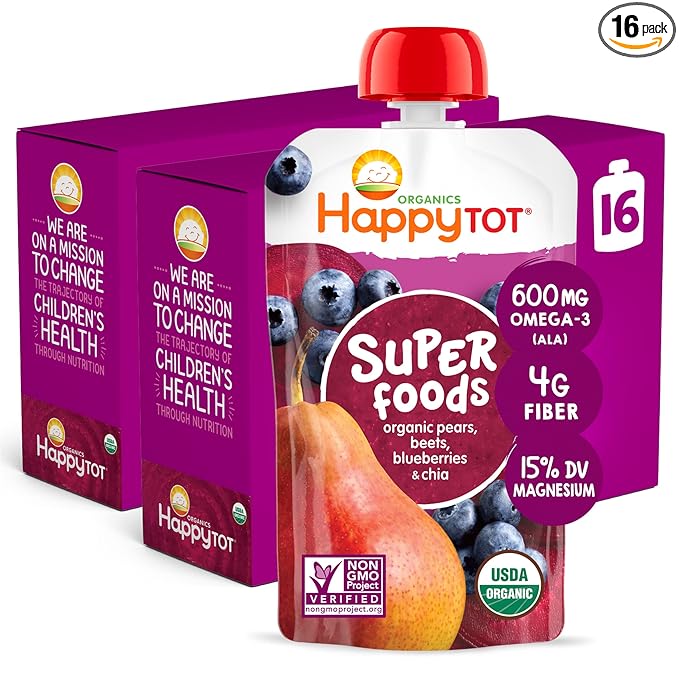 HAPPYTOT Organics Stage 4 Baby Food Pouches, Gluten Free, Vegan Snack, SuperFoods Fruit & Veggie Puree, Pears, Blueberries, Beets & Chia, 4.22 Ounce (Pack of 16)