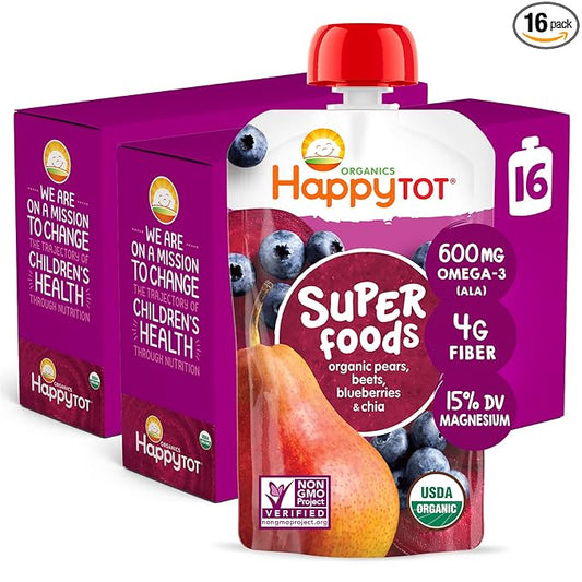 HAPPYTOT Organics Stage 4 Baby Food Pouches, Gluten Free, Vegan Snack, SuperFoods Fruit & Veggie Puree, Pears, Blueberries, Beets & Chia, 4.22 Ounce (Pack of 16)
