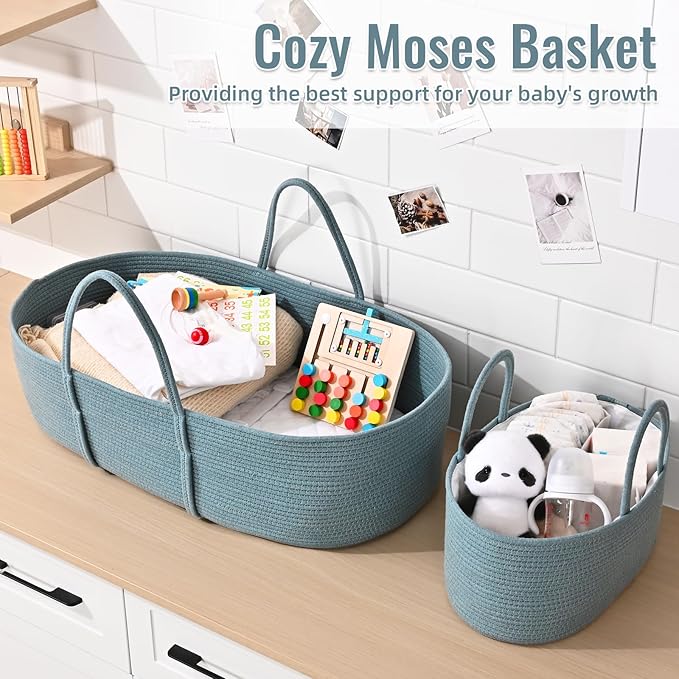 Changing Baskets Set,Moses Basket with Pad and Diaper Caddy,Set of 2 Baskets,Portable Cotton Rope Woven Basket,Replaceable Pad,Gifts for Newborn 28.7" x 15.7" x 7.8"（Blue）
