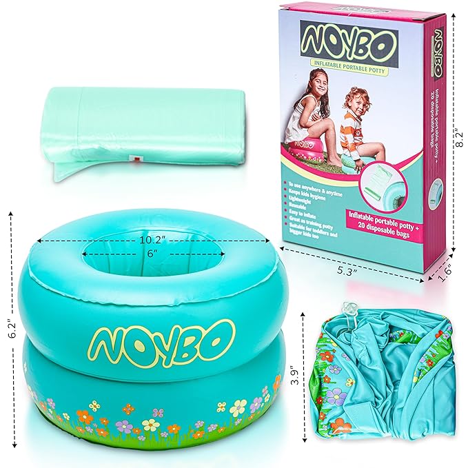 Travel Potty Seat for Toddlers - Inflatable Portable Toilet Kids Chair, Foldable Compact Lightweight Potty for Camping Road Trips, Outdoor Car Travel, Holds 66 lbs and 20 Durable Disposable Bags