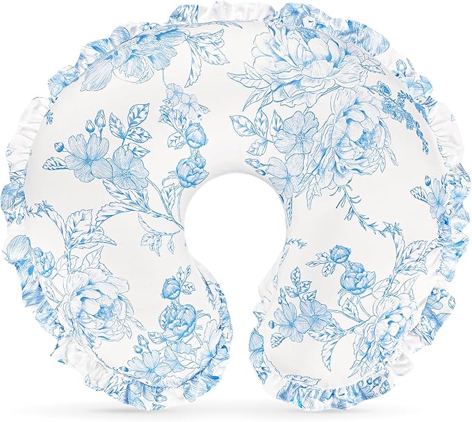 DILIMI Nursing Pillow Cover, Removable Ruffled Pillowcase for Breastfeeding Pillows, Ultra Soft Comfortable Slipcover for Baby Girl and Boy, Blue Floral