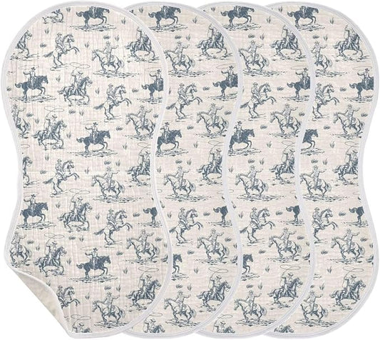 Cowboys Horse Western Baby Muslin Burp Cloths Set of 4 Vintage West Desert Muslin Washcloths American Wild Milk Spit Up Rags Soft Newborn Towel for Unisex Boys and Girls, 22 x 11 Inch
