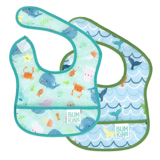 Bumkins Bibs, for Baby Girl or Boy, Infant 3-9 Months, Essential Must Have for Eating, Feeding, Baby Led Weaning Supplies, Mess Saving Waterproof Soft Fabric, Starter Bib 2-pk Blue Ocean Life