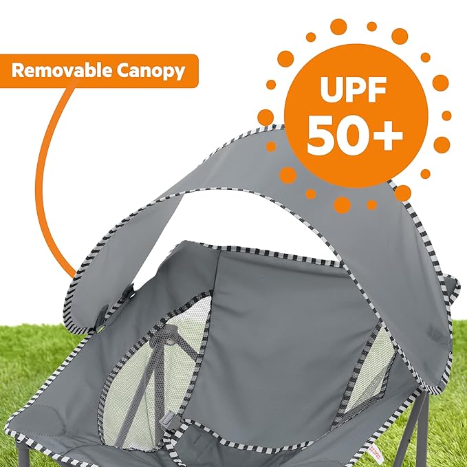 Bright Starts Pop 'N Chill Baby Chair Travel Seat, Indoor/Outdoor Use, Infant Seat with UPF 50+ Canopy, Grey, Ages 0-6 Months