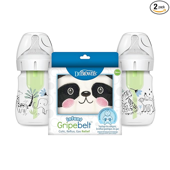 Dr. Brown’s Natural Flow® Anti-Colic Options+™ Wide-Neck Baby Bottle, Jungle Design, 5 oz/150 mL, Level 1 Nipple, 2-Pack, 0m+ with Infant Gripebelt Heated Tummy Wrap for Gas Relief, Panda, 0-3m