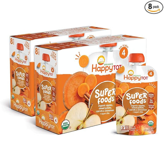 Happy Tot Organic Stage 4 Super Foods, Apples, Sweet Potatoes, Carrots & Cinnamon + Super Chia, 4.22 Ounce (Pack of 8) (Packaging May Vary)