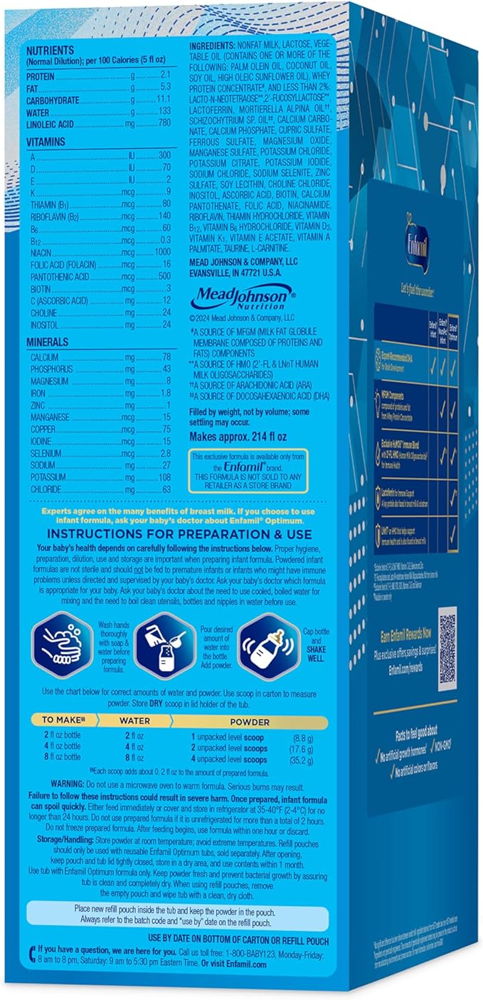 Enfamil Optimum (Enspire), Our Closest Formula to Breast Milk, Immune-Supporting Lactoferrin and Brain-Supporting DHA Baby Formula, 30 Oz Refill, (Pack of 2)