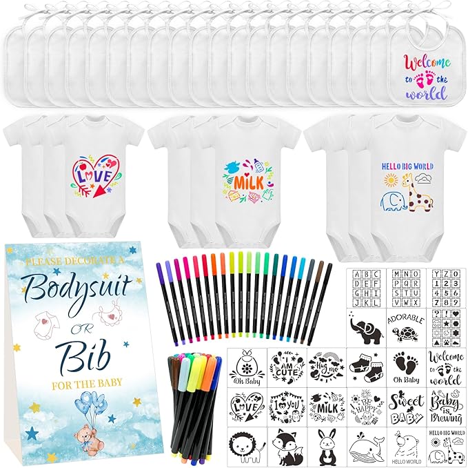 Bibs Bodysuits Baby Shower Game Sign Set Newborn Onesies Feeder Gift Fabric Marker Stencils Kit
