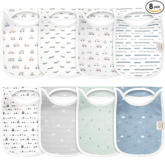 KeaBabies 8-Pack Bibs for Baby Girl, Boy - Pullover Large Baby Bibs for Drooling and Teething Infant, Newborn, Soft & Absorbent Organic Cotton, Long Torso Coverage Keep Toddler Clean & Dry (Vessels)