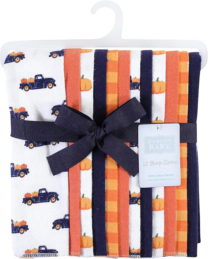 Hudson Baby Unisex Baby Cotton Flannel Burp Cloths Bundle, Pumpkin Truck, One Size