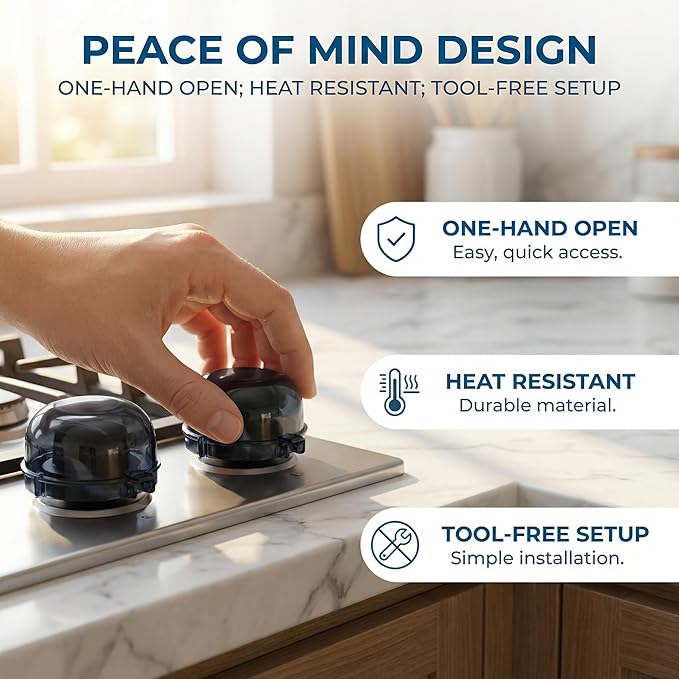 Stove Knob Safety Covers for Child (5 + 1 Pack), Upgraded Universal Size Press Gas Childproof Stove Covers with Adhesive, Heat-Resistant Oven Knob Locks for Kids and Pets (Clear)
