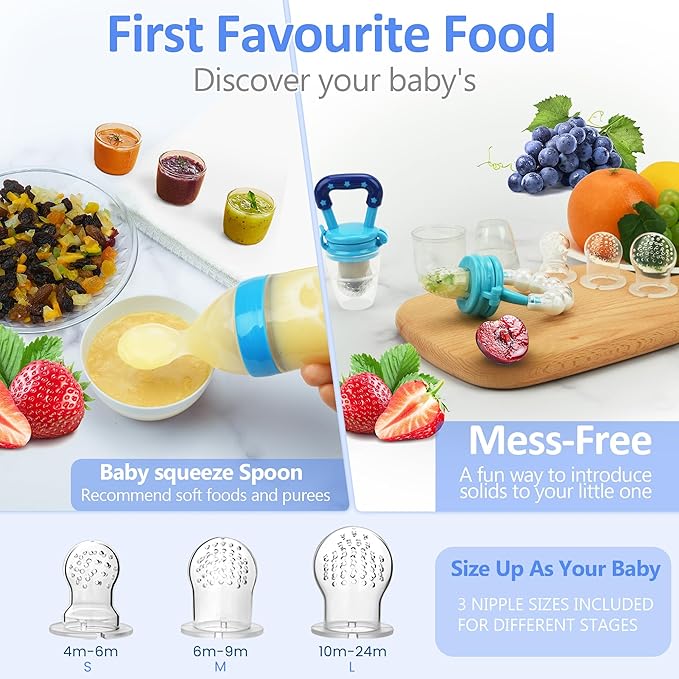 Baby Fruit Feeder Pacifier - 12 Pack | 2 Infant Food Feeder Pacifier & 1 Babies Food Dispensing Spoon | Fruit Teethers for Babies | Silicone Teether Feeder Baby,Infant Teething Feeders (Blue)